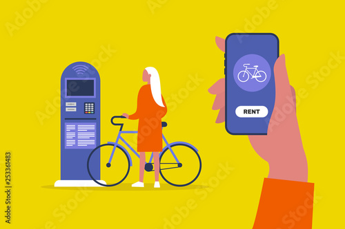 Bike rental service. Parking automat. Active lifestyle. Urban transportation system. Young female character using a mobile online application. Healthy lifestyle. Cycling. Flat vector illustration