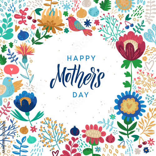 Happy Mothers Day Calligraphy Design on Floral Background. Vector illustration. Womans Day Greeting Calligraphy Design in Bright Colors. Template for a poster, cards, banner Vector illustration