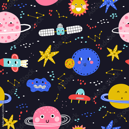 Seamless pattern with cute planet, star and ufo. Vector illustration for children. Trendy kids vector background. Dark background,
