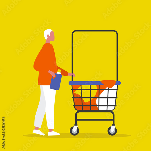 Colourful clothes in a trolley. Self service. Young male character rolling a laundry cart. Laundromat. Detergent. Daily chores concept.