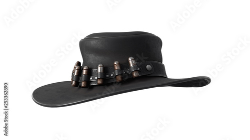 3d illustration of black cowboy hat with rusty bullets. Western gunslinger cowboy hat. Traditional accessories of American cowboys. Gangster hat of the wild west. 3D rendering on white background.
