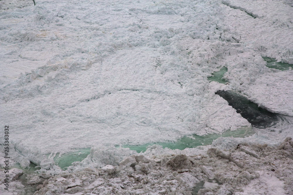 Pretty green water with dirty gray brown ice chunks at the bottom of Niagara Falls in between NY, USA and Canada Pretty green water with dirty gray brown ice chunks at the bottom of Niagara Falls in between NY, USA and Canada