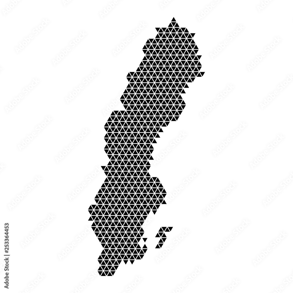 Sweden map abstract schematic from black triangles repeating pattern geometric background with nodes. Vector illustration.