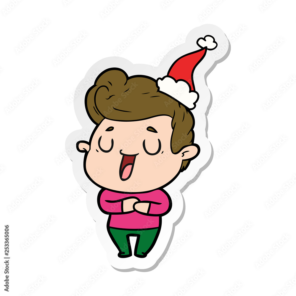 happy sticker cartoon of a man wearing santa hat