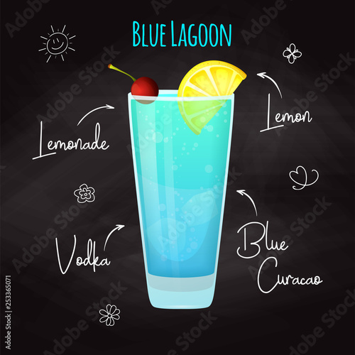 Simple recipe for an alcoholic cocktail Blue Lagoon. Drawing chalk on a blackboard. Vector