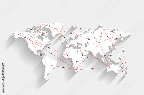 Airport and airplane routes on white world map, vector