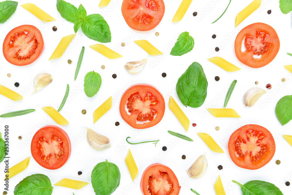 Flat lay view of ingredients for cooking italian pasta on a white background as a full frame texture. Flat lay view of ingredients for cooking italian pasta on a white background as a full frame texture.