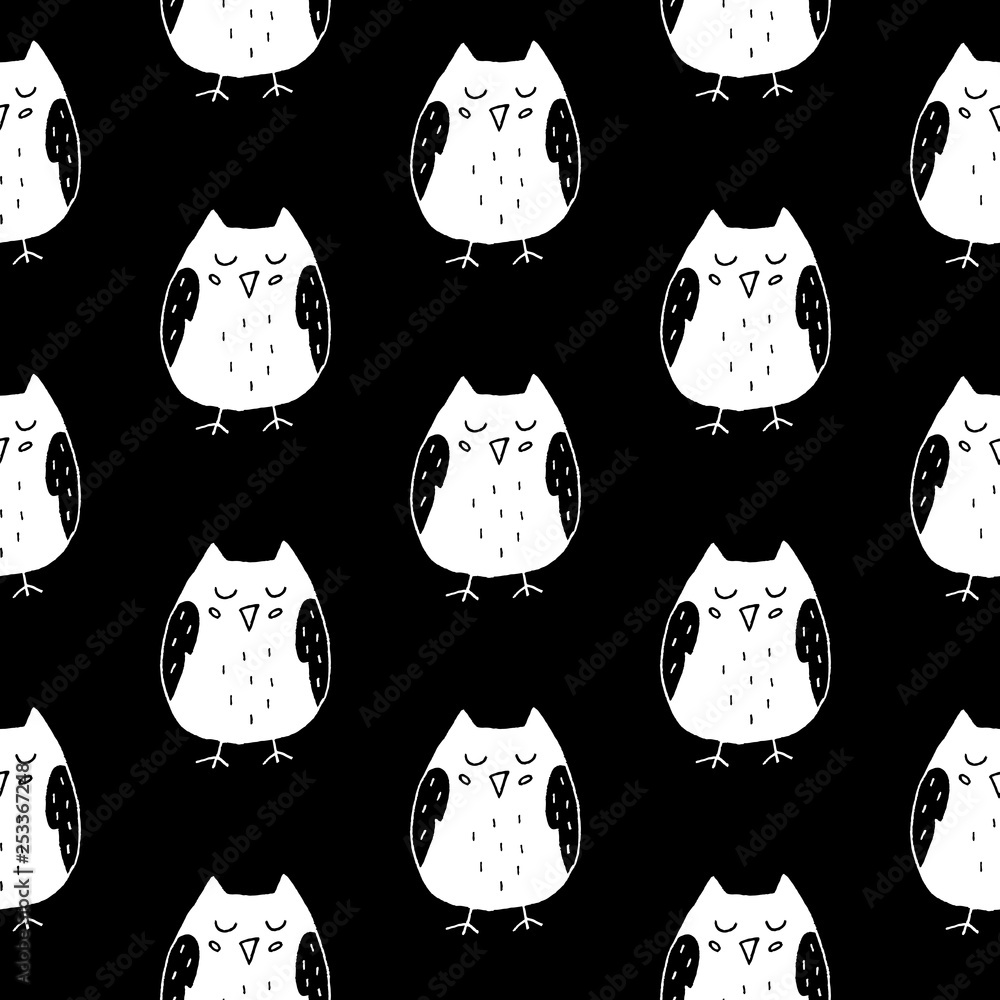 Cute cartoon owl background with hand drawn owls. Sweet vector black