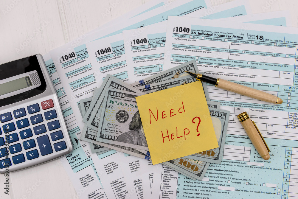 Naklejka premium 1040 form with dollars and need help text at table