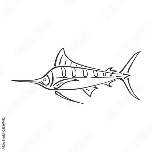 Marlin sailfish character abstract ink hand drawn vector logo cartoon. Simplified retro illustration. Ocean and sea animal curve paint sign. Doodle sketch. Element for design, wallpaper, fabric print. © otapunk