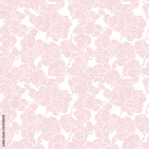 Elegant linear magnolia flowers seamless pattern floral background.