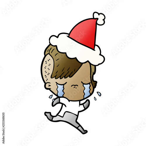 gradient cartoon of a crying girl wearing space clothes wearing santa hat