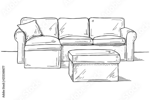 Sketch sofa with pouf isolated on white background. Vector