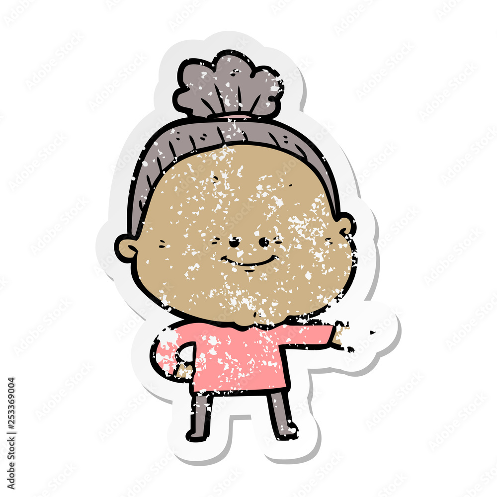distressed sticker of a cartoon happy old woman distressed sticker of a cartoon happy old woman
