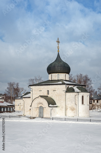 View of the famous Saint George Cathedral in Yuryev-Polsky from the ramparts in winter, Russia