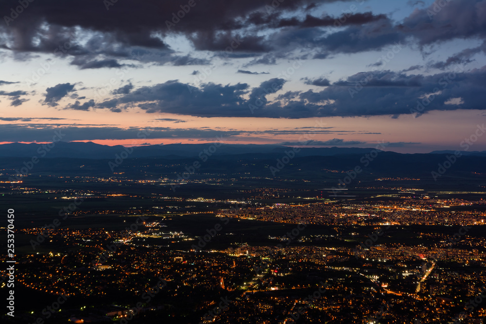 View to the Sofia city at dusk. View from the Kopitoto Hill, Vitosha Mountain, Bulgaria