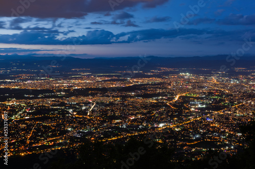View to the Sofia city at dusk. View from the Kopitoto Hill, Vitosha Mountain, Bulgaria © d_zheleva