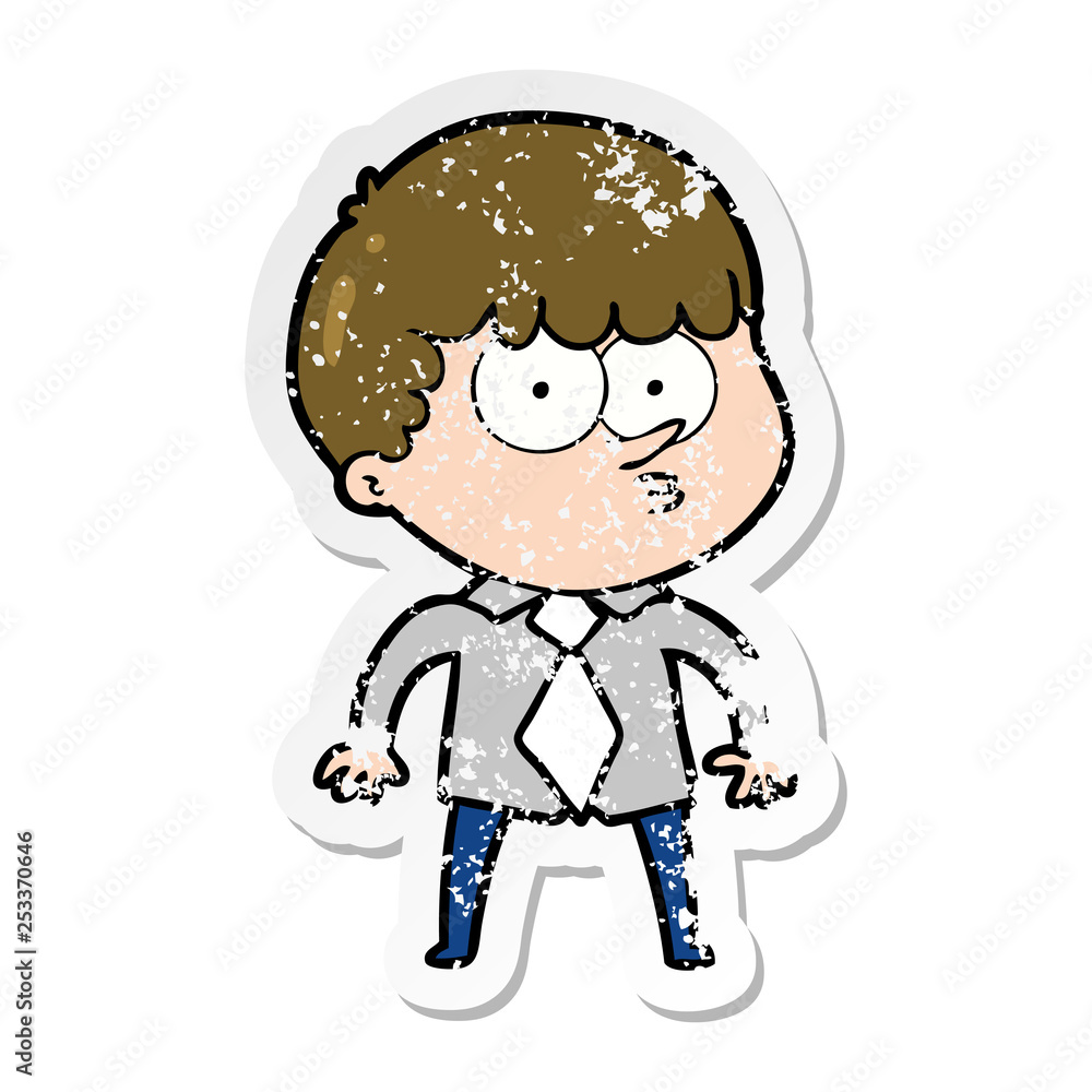 distressed sticker of a cartoon nervous boy in shirt and tie distressed sticker of a cartoon nervous boy in shirt and tie