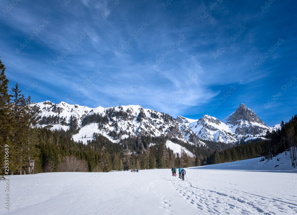 Adults snowshoeing on snowy plateau Kaiserau with mountain Admonter Kalbling