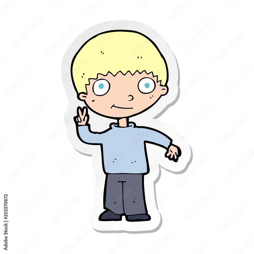 sticker of a cartoon boy giving peace sign sticker of a cartoon boy giving peace sign
