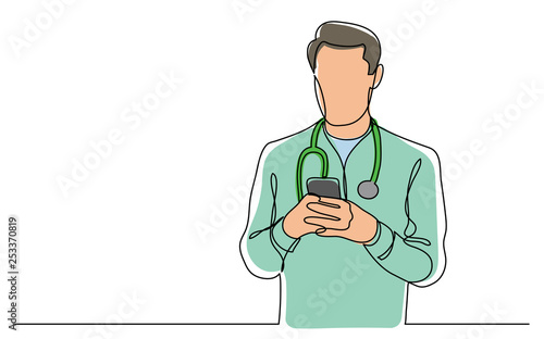 continuous vector line drawing of doctor checking his mobile phone