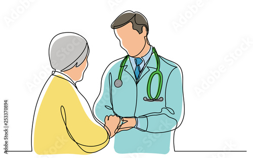 continuous vector line drawing of doctor consulting senior patient