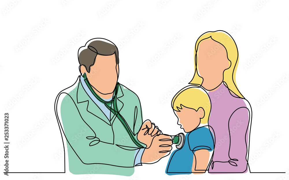 continuous vector line drawing of doctor examining child patient