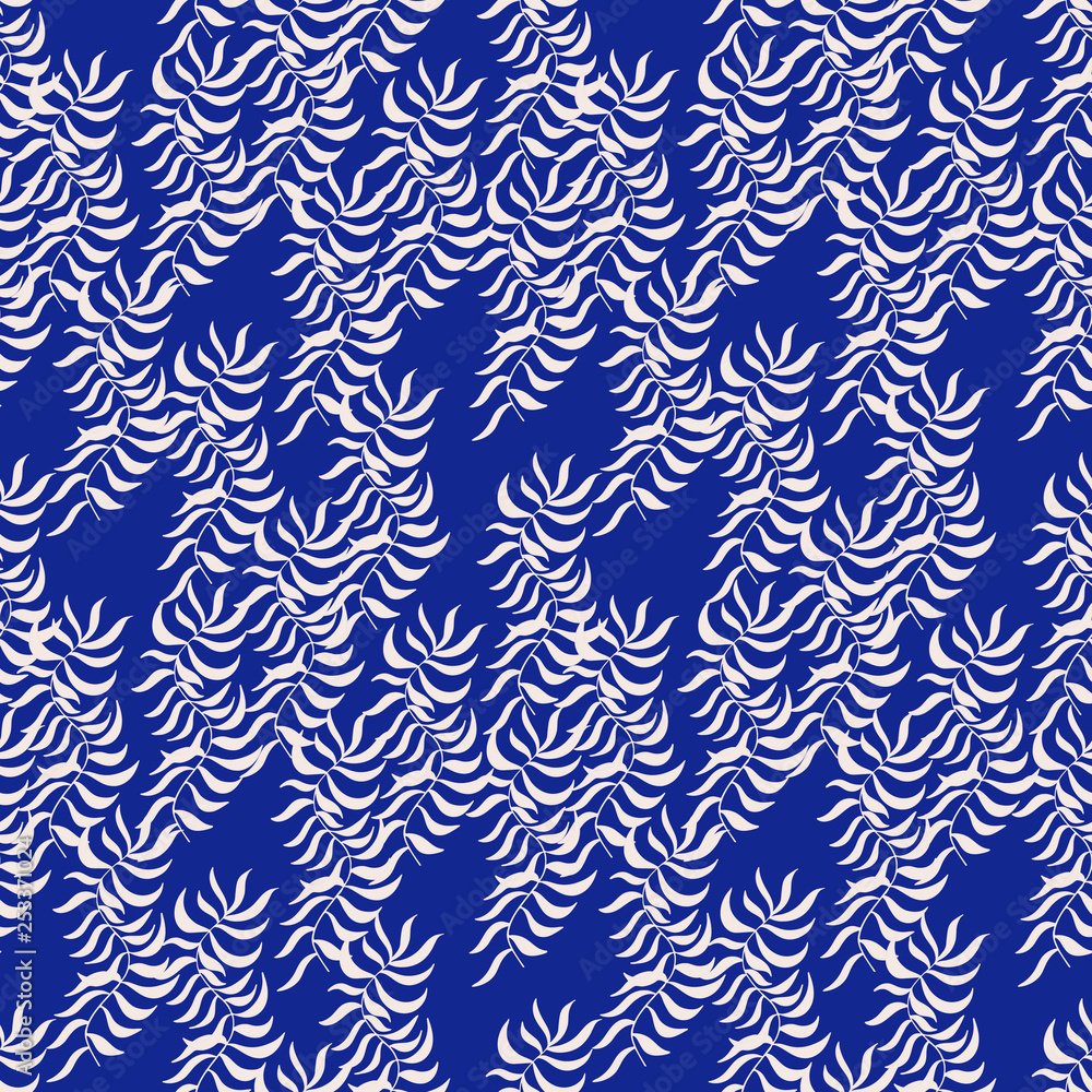 Abstract floral seamless texture with light coloured leaves of palm tree on dark blue background. Hand drawn shape branches. Cute surface pattern design textile. Wallpaper, fabric templates. Vector Abstract floral seamless texture with light coloured leaves of palm tree on dark blue background. Hand drawn shape branches. Cute surface pattern design textile. Wallpaper, fabric templates. Vector