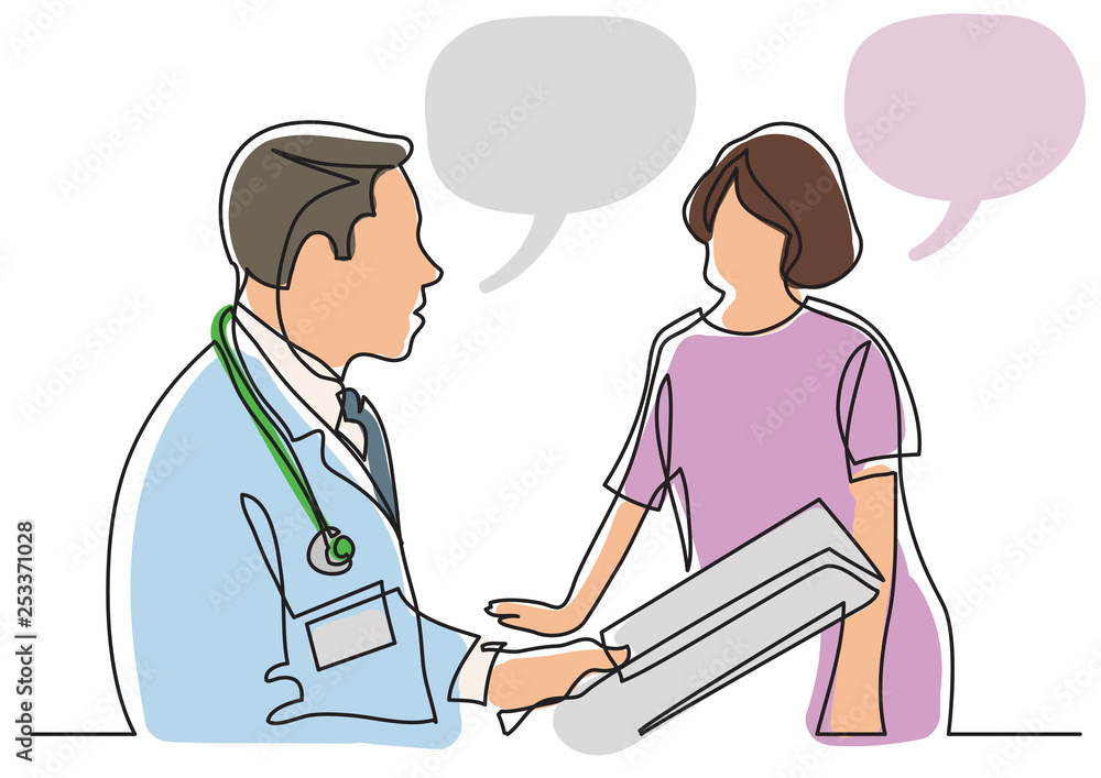 continuous line drawing of doctor consults with patient continuous line drawing of doctor consults with patient