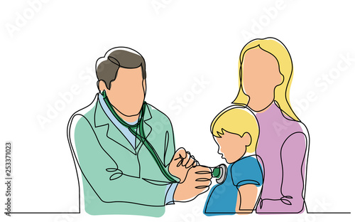 continuous vector line drawing of doctor examining child patient