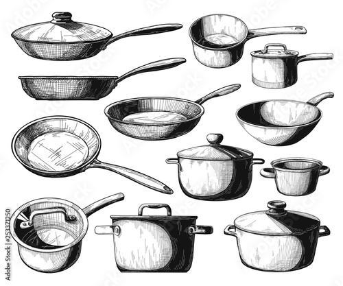 Set of frying pan and different pots isolated on white background. Vector