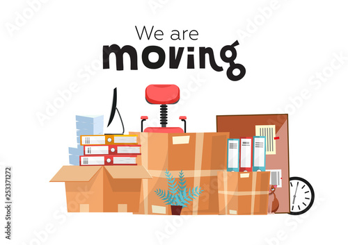 Moving to new office with boxes. Office accessories in cardboard box isolated on white background - monitor, folders, stack of papers, plant, office chair, clock, board stationery. Flat cartoon vector