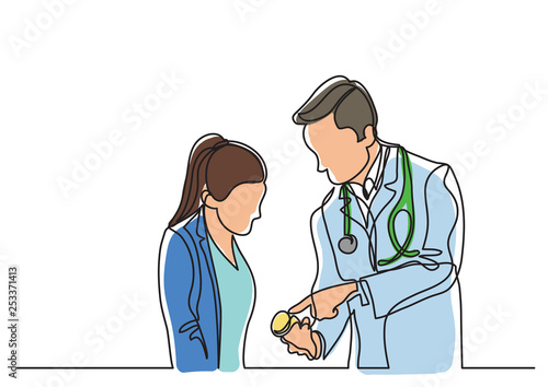 continuous line drawing of doctor and patient talking about medication