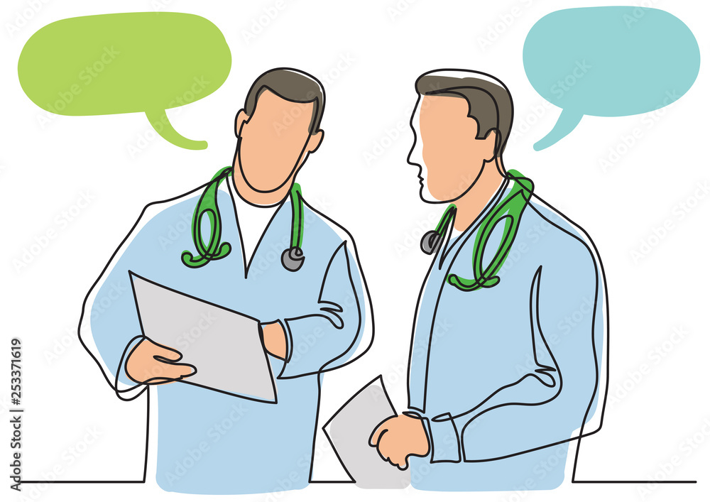 continuous line drawing of doctors discussing diagnosis continuous line drawing of doctors discussing diagnosis