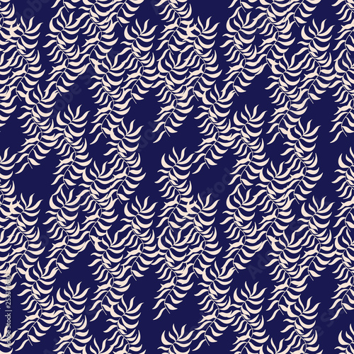 Abstract floral seamless texture with light coloured leaves of palm tree on dark blue background. Hand drawn shape branches. Cute surface pattern design textile. Wallpaper, fabric templates. 