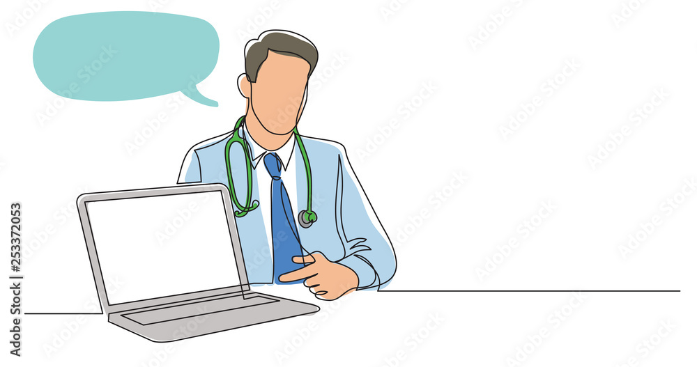 one line vector drawing of hospital doctor sitting pointing at laptop screen one line vector drawing of hospital doctor sitting pointing at laptop screen