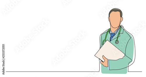 one line vector drawing of hospital doctor standing holding patient papers