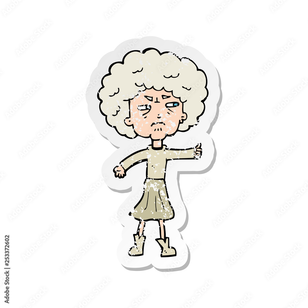 retro distressed sticker of a cartoon annoyed old woman retro distressed sticker of a cartoon annoyed old woman