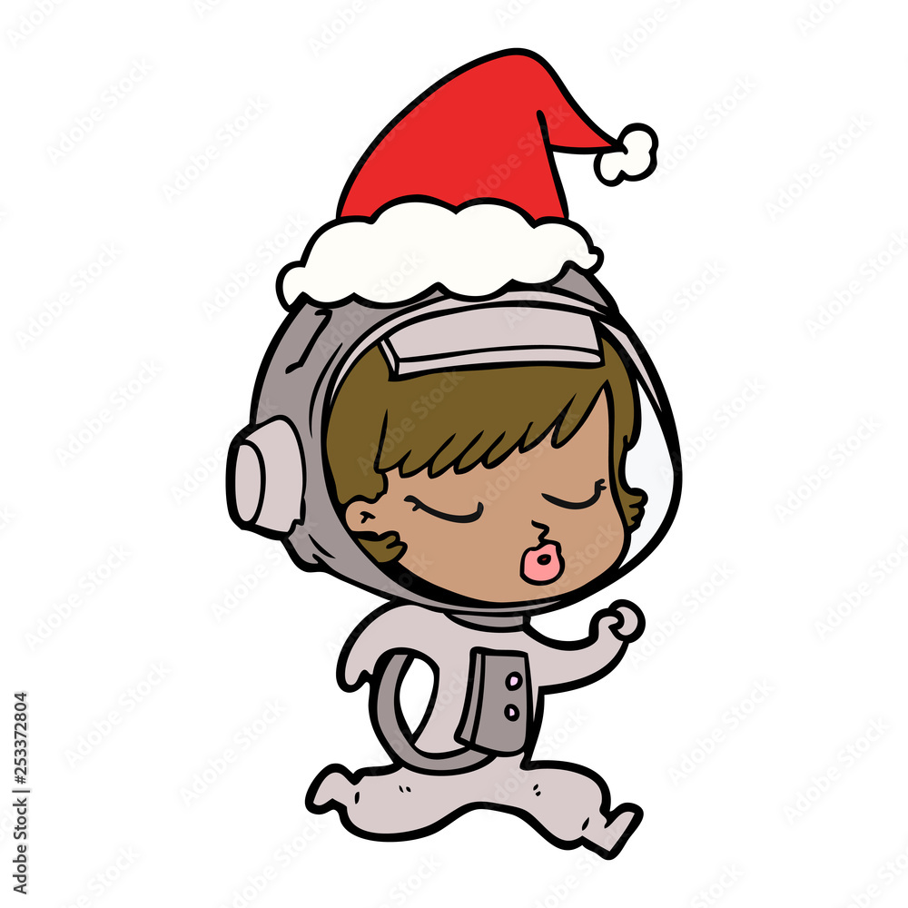line drawing of a pretty astronaut girl running wearing santa hat line drawing of a pretty astronaut girl running wearing santa hat