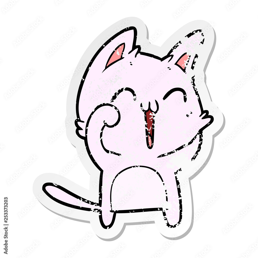 distressed sticker of a happy cartoon cat meowing distressed sticker of a happy cartoon cat meowing