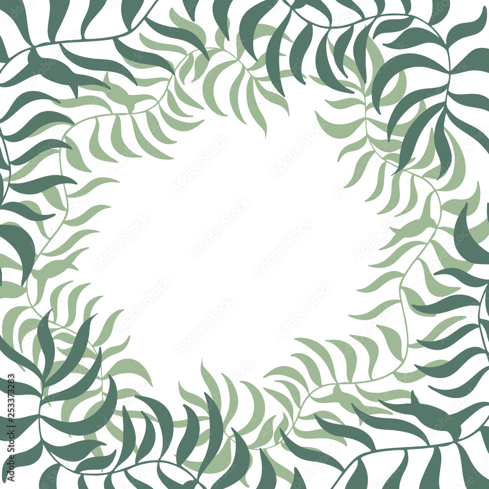 Tropical square frame with abstract exotic leaves on white. Summer border. illustration Tropical square frame with abstract exotic leaves on white. Summer border. illustration