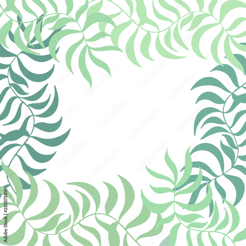 Tropical square frame with abstract exotic leaves on white. Summer border. Vector illustration
