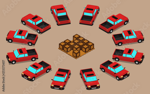 Twelve identical red cars are parked around the boxes. Pickup trucks waiting to be loaded.