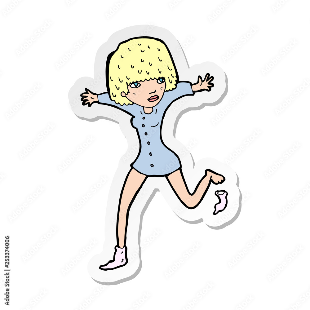 sticker of a cartoon woman kicking off sock