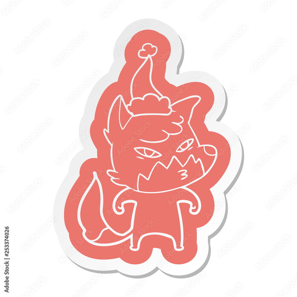 clever cartoon sticker of a fox wearing santa hat clever cartoon sticker of a fox wearing santa hat
