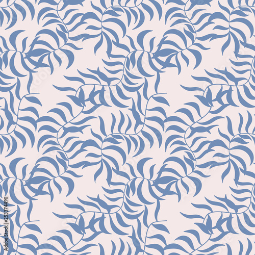 Abstract floral seamless texture with blue leaves of palm tree on pink grey background. Hand drawn shape branches. Cute surface pattern design textile. Wallpaper, wrapping templates. 