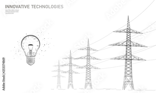 Low poly high voltage power line idea bulb. Electricity supply industry pylons outlines black white. Innovation electrical technology solution banner template vector illustration
