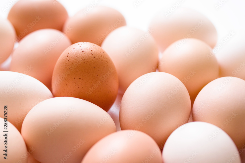 Brown and white eggs, soft focus, close up
