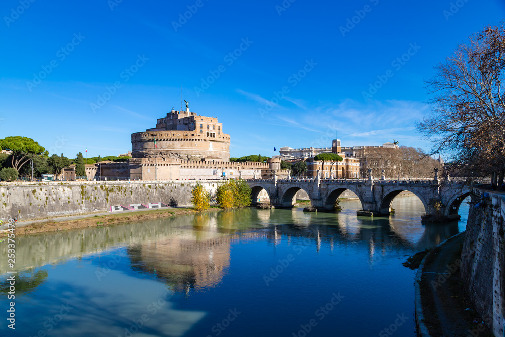 Castel Sant'Angelo and bridge. Old fortress in Rome, Italy