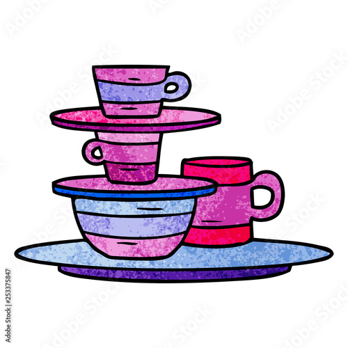 textured cartoon doodle of colourful bowls and plates